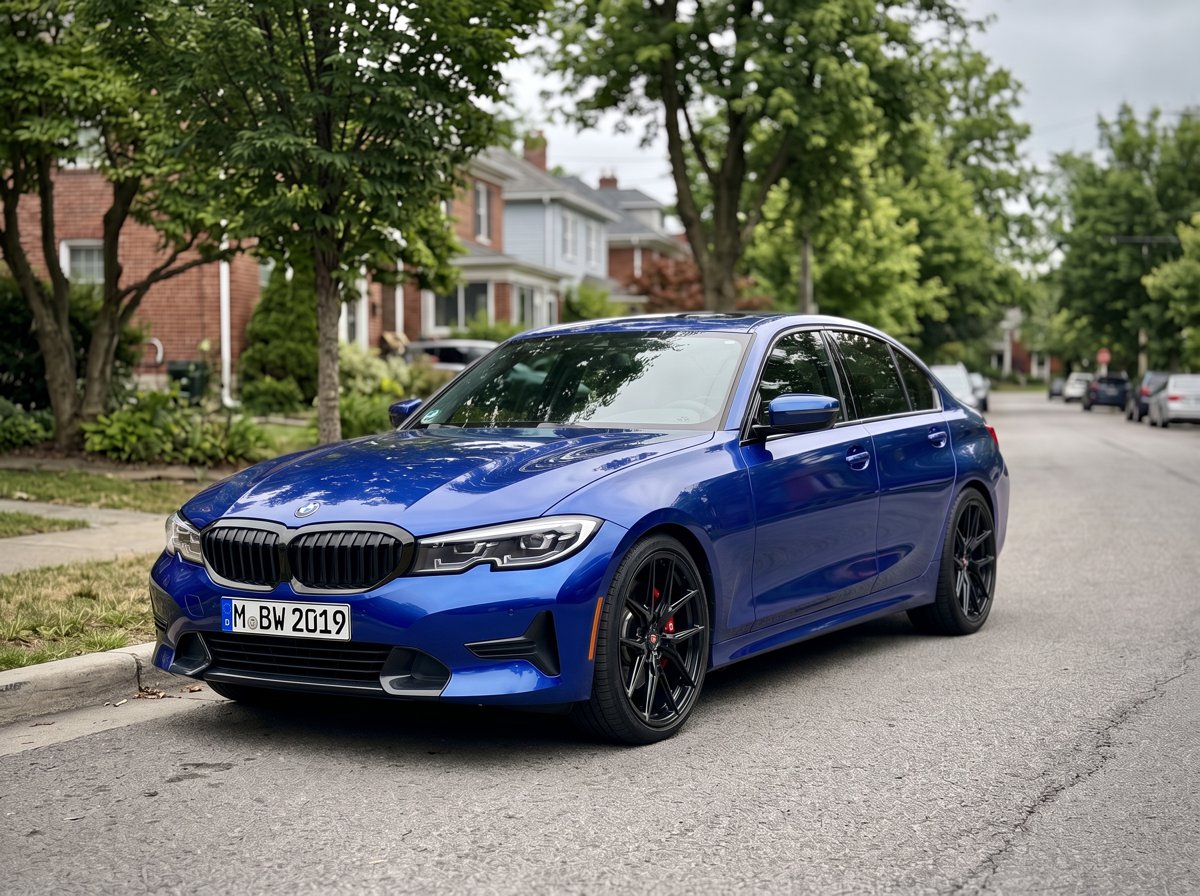 The same BMW wrapped in intense blue on black wheels
