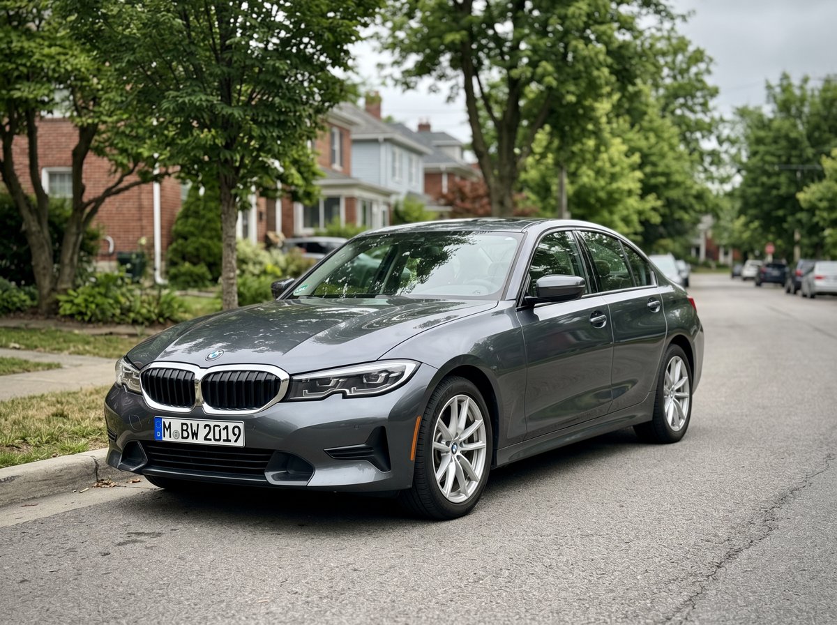 A grey BMW 3 Series on a street, before