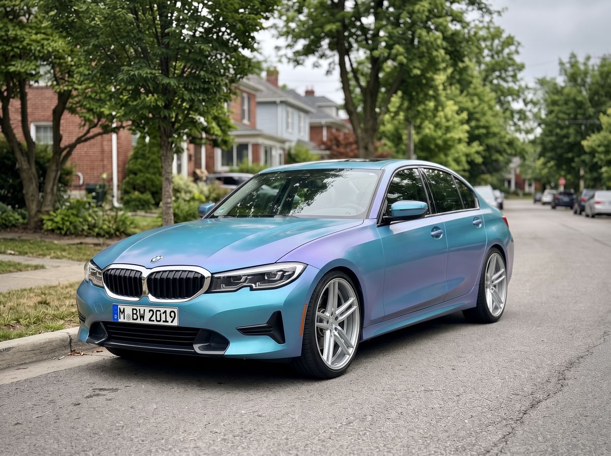 The same BMW in a cyan to purple colour-shift wrap