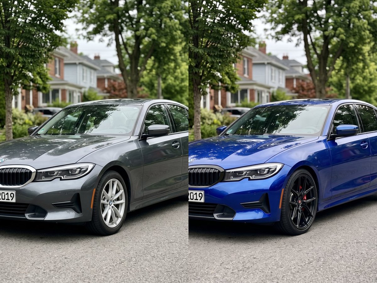 A grey BMW 3 Series on the left, the same photo rendered with an intense-blue wrap and black wheels on the right